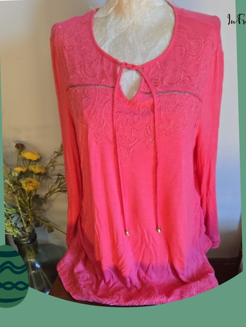 Rafaella Pink Embroidered Tie-Neck Boho Top Size Medium